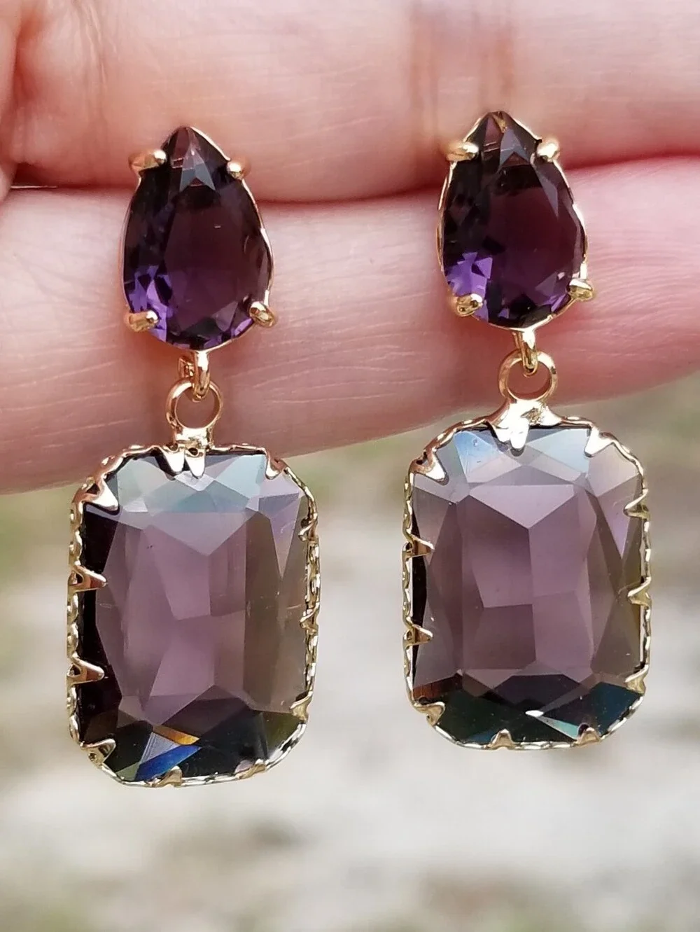 14k Gold Amethyst Stud Earrings, Rectangular Amethyst Dangle Earrings